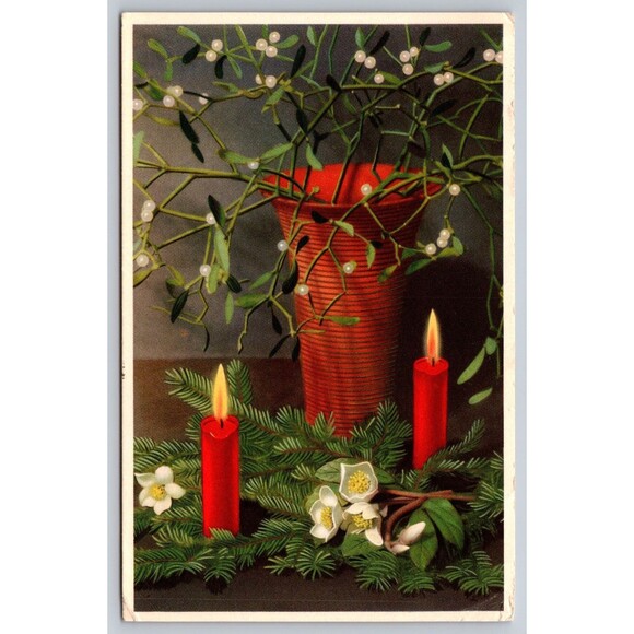 Postcard Christmas Red Candles Burning Mistletoe Posted c1950s from Rome Italy - Picture 1 of 2